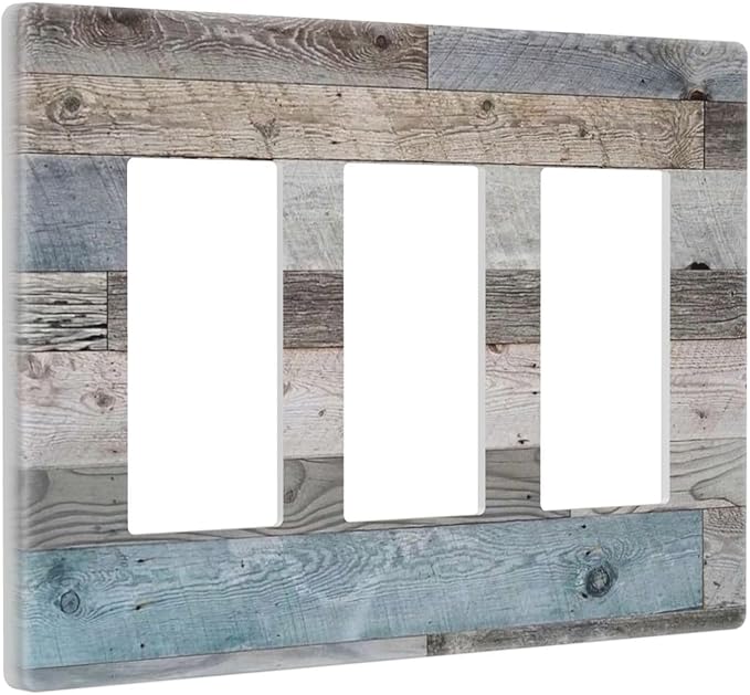 Cabin Rustic Kitchen Country Style 3 Gang Triple Decorator/GFCI/Rocker Wallplate Screwless Decorative Farm Barn Door Wood Grain Three Device Jumbo Size Outlet Light Switch Receptacle Face Plate Cover