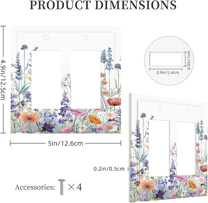 Colorful Floral Purple Lavender Flower Leaves Plants Decorative Outlet Covers 2 Gang Double GFCI Rocker Electrical Wall Panels Light Switch Cover Plate for Bed Room Living Room Decor