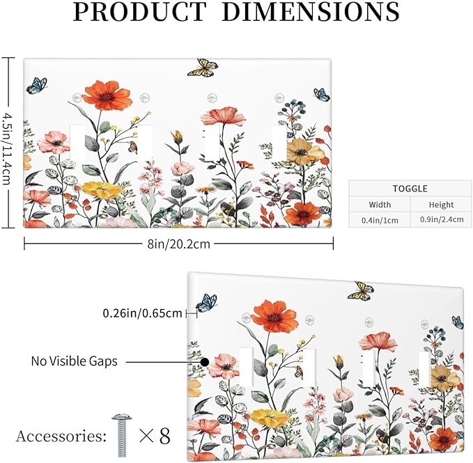 Colorful Butterfly Blossom Flower Floral Decorative 4 Gang Quad Toggle Light Switch Cover Electric Large Size Quadruple Faceplate Decorative Switch Face Wallplate