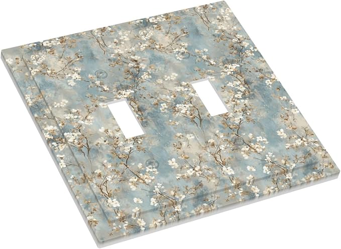 Decorative Light Switch Cover Plate Rustic Blue White Plum Blossom Flower 2 Gang Outlet Covers Double Toggle Wall Plates for Electrical Switch Plate Covers Faceplate for Bedroom Decor