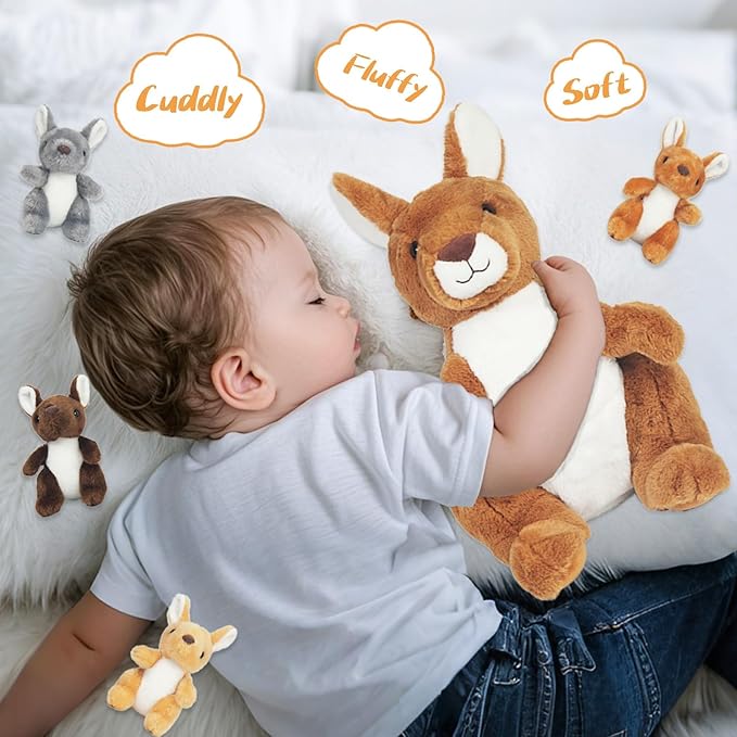 5 in 1 Kangaroo Stuffed Animal with Babies, 16'' Mommy Stuffed Kangaroo Plush Toy with 4 Baby Joey Plush and Pouch, Plush Kangaroos Set for Kids Boys Girls Birthday Christmas Plush Gifts Party Favors