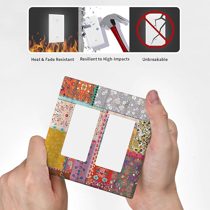 Outlet Covers Boho Patchwork Bohemian Stitching Colorful Floral 2 Gang Wall Plate Double Rocker Light Switch Cover Decorative GFCI Receptacle Cover Electrical Switchplate for Home Decor