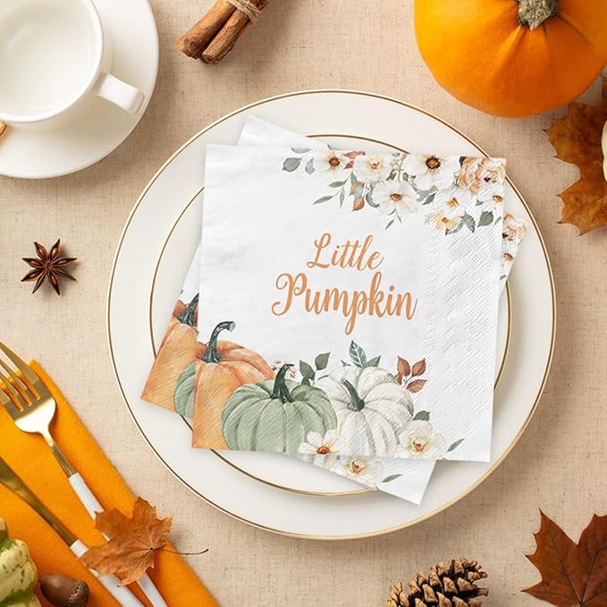 120 Pcs Little Pumpkin Baby Shower Party Decoration – Autumn Pumpkin & Floral Tableware Set with Plates, Napkins, Cups, Cutlery for Thanksgiving & Fall Baby Shower Decorations, Serves 20