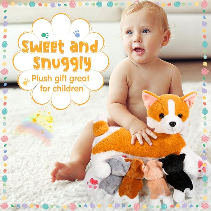 Honoson Nurturing Dog Mommy Plush Set with 4 Baby Puppies Soft Cute Dog Themed Stuffed Plush Toys for Kids Girls Boys Easter Birthday Gifts(Corgi)