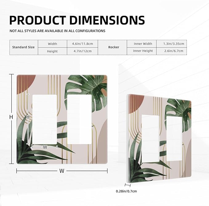 1970s Boho Mid Century Sun Bohemian Palm Leaf Minimalist Abstract Art 2 Gang Screwless Double GFCI Decorator/Rocker Outlet Light Switch Wall Plate Covers Decorative Dual Device Receptacle Faceplate