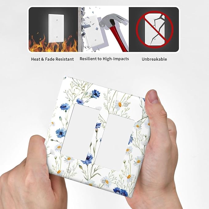 Decorative Outlet Covers Watercolor Daisy Blue Floral Vintage Plant 2 Gang Double Rocker Light Switch Cover Decorative Switch plates Electrical Wallplate GFCI Receptacle for Bedroom Home Decor