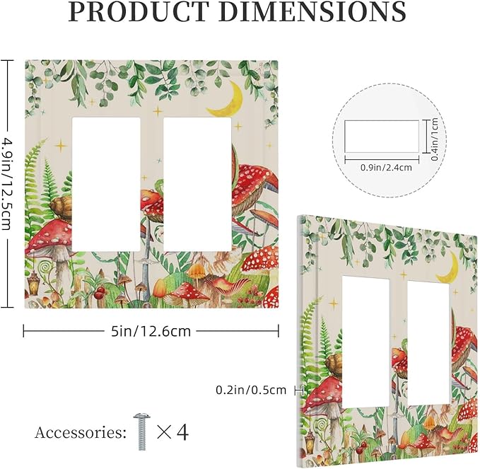 Decorative Outlet Covers Boho Mushrooms Frogs Butterflies Flowers Moon Stars 2 Gang Double GFCI Rocker Electrical Wall Panels Light Switch Cover Plate for Kids room Bedroom Decor