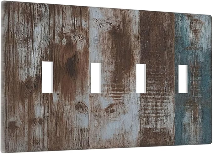 Vintage Blue Brown Wood Grain Light Switch Covers Quad Toggle 4 Gang Wall Plate Decorative Switch Plates Electrical Faceplate for Bedroom Farmhouse Decor