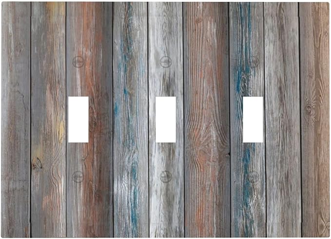 Light Switch Cover Vintage Blue Grey Wood Plank 3 Gang Wall Plate Triple Light Switch Plate Rustic Country Toggle Decorative Outlet Covers Electrical Switchplate for Farmhouse Home Decor