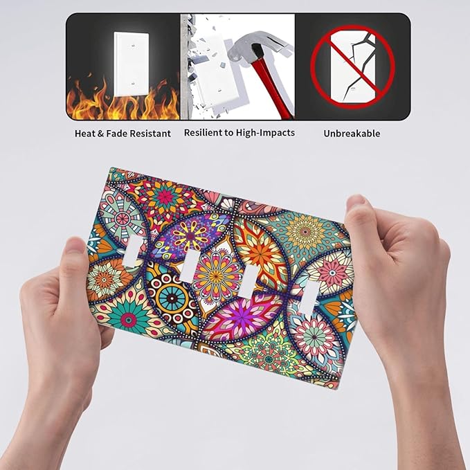 Boho Floral Pretty Colorful Mandala Flowers Light Switch Covers Quad Toggle Electrical Faceplate 4 Gang Wall Plate Decorative Switch Plates for Bedroom Living Room Decor