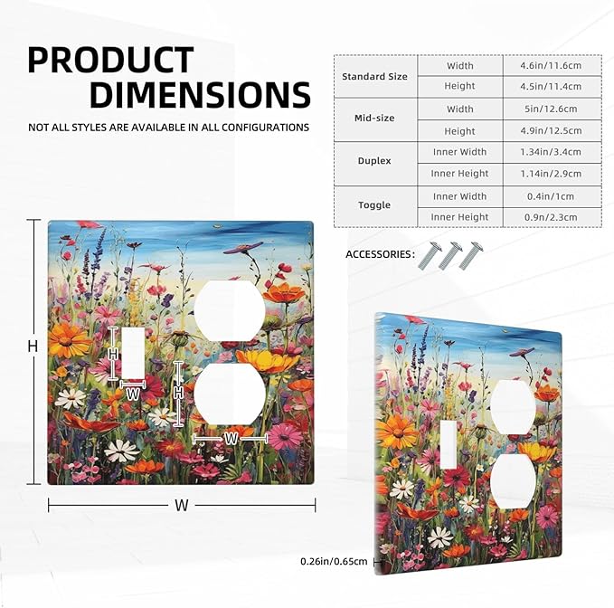 Colorful Wildflowers Painting Floral Flower Wallplates 1 Toggle 1 Duplex Switch Plate Electrical GFCI Faceplate Decorative Light Switch Covers for Bedroom Living Room Decor