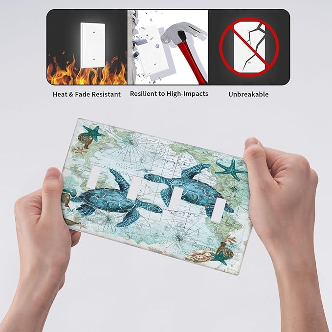 Light Switch Covers Nautical Green Sea Turtles Beach Blue Ocean Quad Toggle Electrical Faceplate 4 Gang Wall Plate Decorative Switch Plates For Bathroom Kids Room Decor
