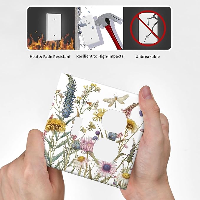 Light Switch Cover Plate Botanical Wildflowers Dragonfly Colorful Floral 2 Gang Decorative Switch Plates 1 Toggle Duplex Combo Outlet Covers GFCI Wall Plates for Bathroom Bedroom Decor