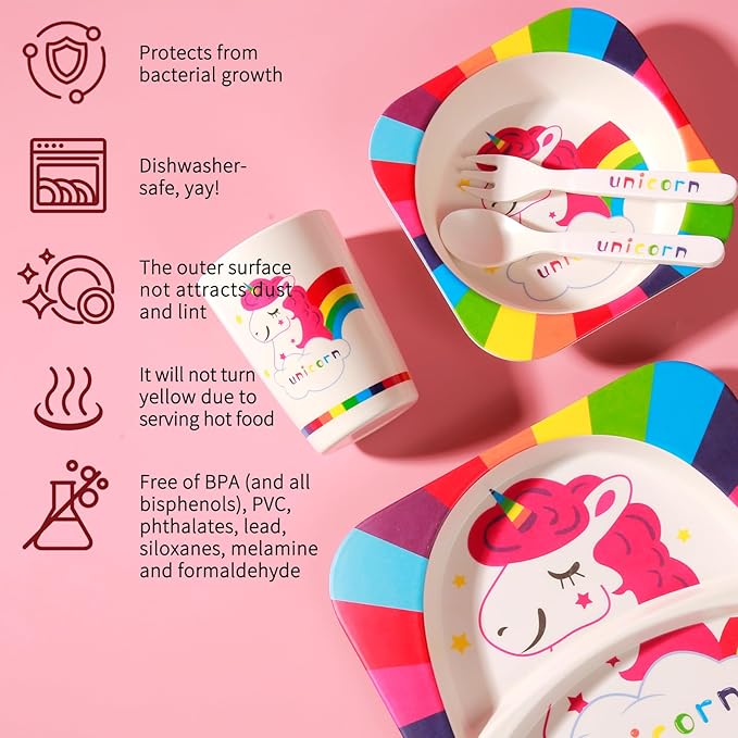 Kids Dinnerware Set, 5-Pieces Includes Divided Plate Bowl Cup Fork Spoon Utensils, BPA Free Bamboo Fiber Material Perfect for Girls (Unicorn)