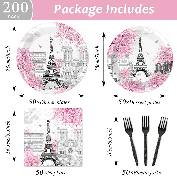 Naozinebi 200pcs Paris Eiffel Tower Plates Napkins Parisian Party Paris European City Tableware Set Landscape Pink Dinnerware Paper Tableware Bundle Baby Shower Decor Supplies Serve 50