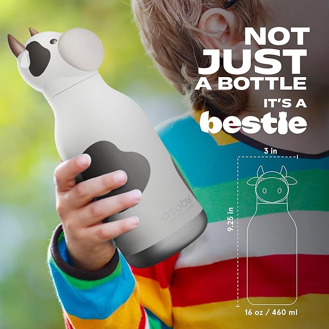 asobu Bestie Bottle Insulated Stainless Steel Water Bottle with Detachable Soft Animal Head Fun Drinking For Kids and Teens with Flexible Reusable Straw 16 Ounce
