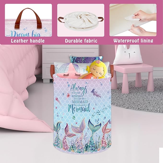 Mermaid Room Decor Kids Laundry Basket,Pink Ocean Baby Girls Laundry Hamper, Under The Sea Kids Clothes Hamper Storage Box, Cute Beach Towel Pool Toy Bin (Mermaid)