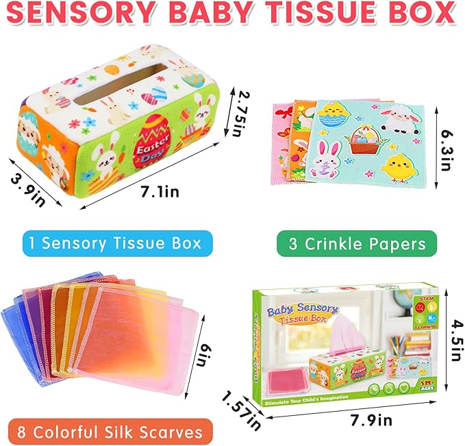 Easter Baby Toys - Easter Basket Stuffers for Babies 6-12 Months - Baby Tissue Box Toy Montessori Soft Stuffed Bunny High Contrast Crinkle Infant Sensory Toys 6 7 8 9 Months Easter Boy Girl Gifts