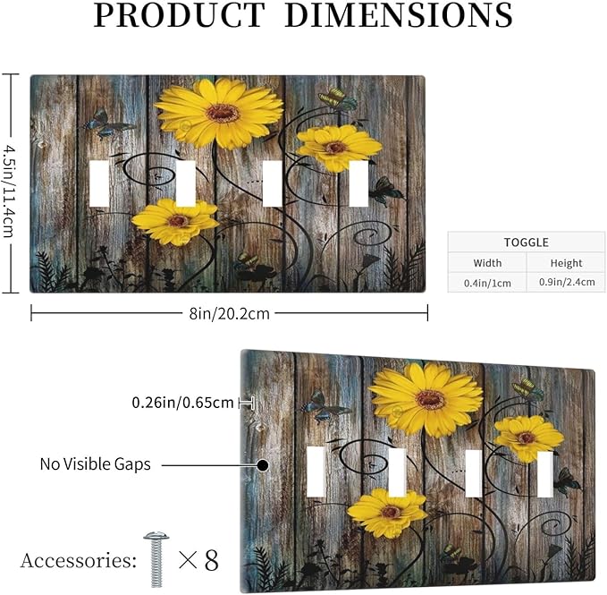 Rustic Barn Sunflower Wooden Daisy Flower Plank Light Switch Covers Quad Toggle Electrical Faceplate 4 Gang Wall Plate Decorative Switch Plates for Farmhouse Home Decor