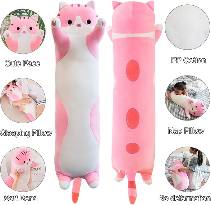 Giant Cat Pillow Plush Cartoon Kitty Sleeping Hugging Pillow, Cuddly Soft Long Kitten Body Pillow Doll Cat Cushion Toy for Kids Girlfriend (Pink, 110cm/43.3inch)