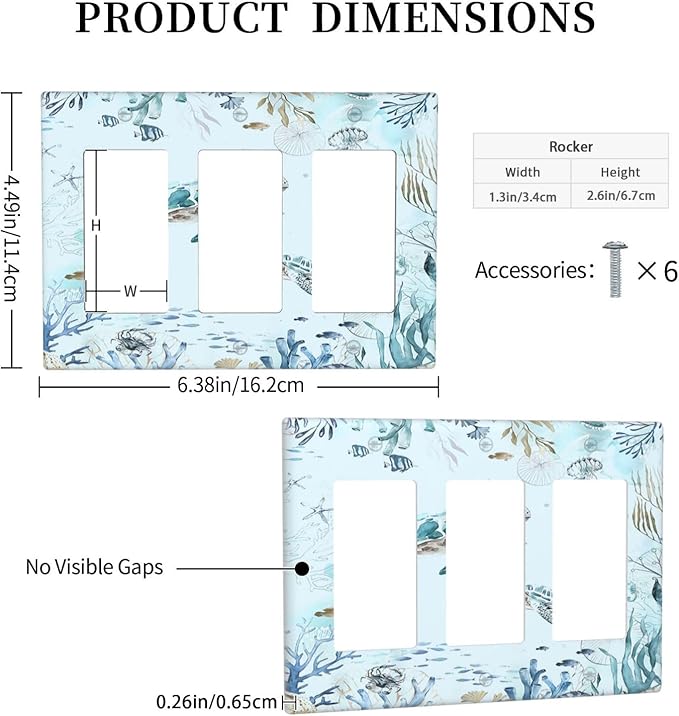 Light Switch Covers Teal Blue Ocean Sea Turtle Seabed Plants 3 Gang Rocker Electrical GFCI Decorative Triple Outlet Wall Plate Cover Switchplate for Bathroom Kids room Decor