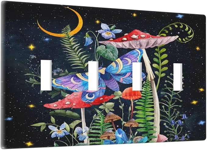 Moon Snail Boho Moth Mushroom Moon 4 Gang Quad Toggle Device Decorator Light Switch Cover Black Moth Witchy Botanical Plant Galaxy Night Starry Wall Plate Decorative Electrical Faceplate Switchplate