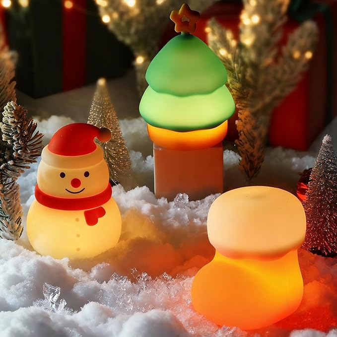 Christmas Night Light Set of 3,Rechargeable Dimmable Christmas Snowman Night Lamp,Cute Christmas Tree Decor Nightlight for Nursery Kids Hangable Squishy Silicone Boot Lights Gifts Holiday Decor