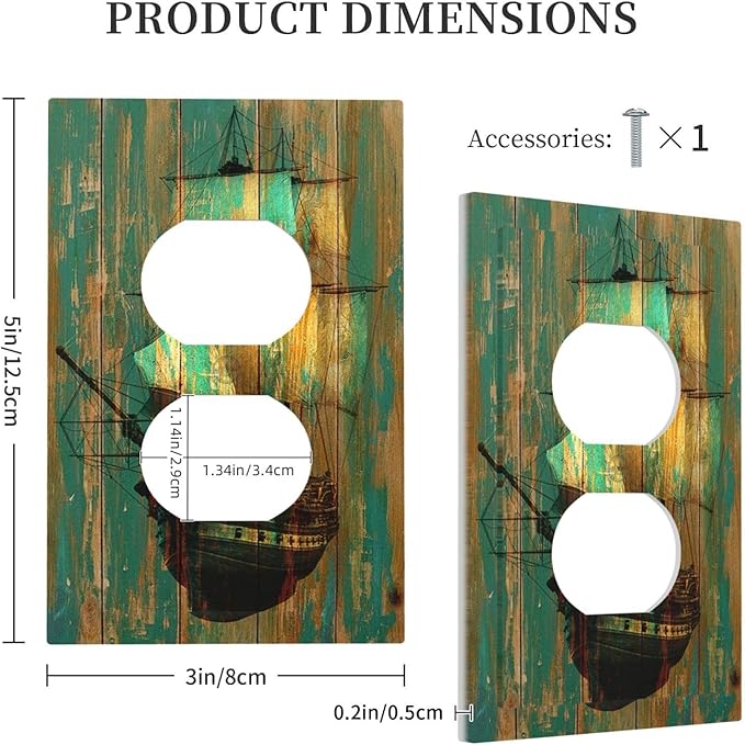 Outlet Covers Rustic Green Wood Grain Sailboat 1 Gang Duplex Light Switch Cover Electrical Receptacle Faceplate Wall Plate Decorative Switch Plates for Farmhouse Bedroom Decor