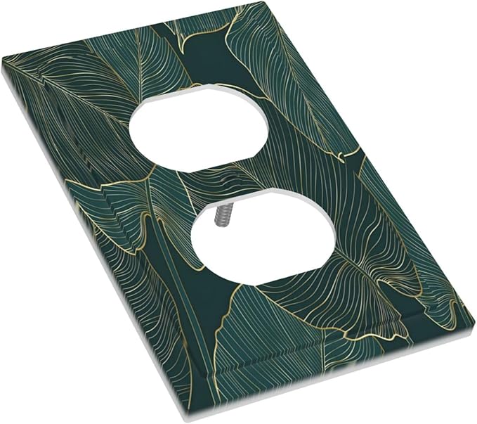 Gold Tropical Green Botanical Palm Leaves Outlet Covers 1 Gang Duplex Light Switch Cover Decorative Switch Plates Electrical Receptacle Faceplate Wall Plate for Bedroom Living Room Decor