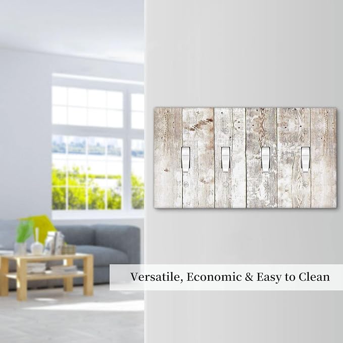 Vintage Light Wood Retro Rustic White Gray Oak Print Light Switch Covers Quad Toggle Electrical Faceplate 4 Gang Wall Plate Decorative Switch Plates Cover for Farmhouse Home Decor
