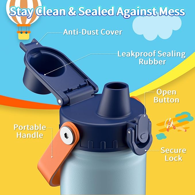 baab 18oz Kids Water Bottle, Insulated Kids Water Bottle with Lockable Spout Lid & Stickers, 18/8 Stainless Steel Vacuum Leakproof Kid Water Cup for Boy Girl & School (Navy Blue+Grey, 2 Pack)