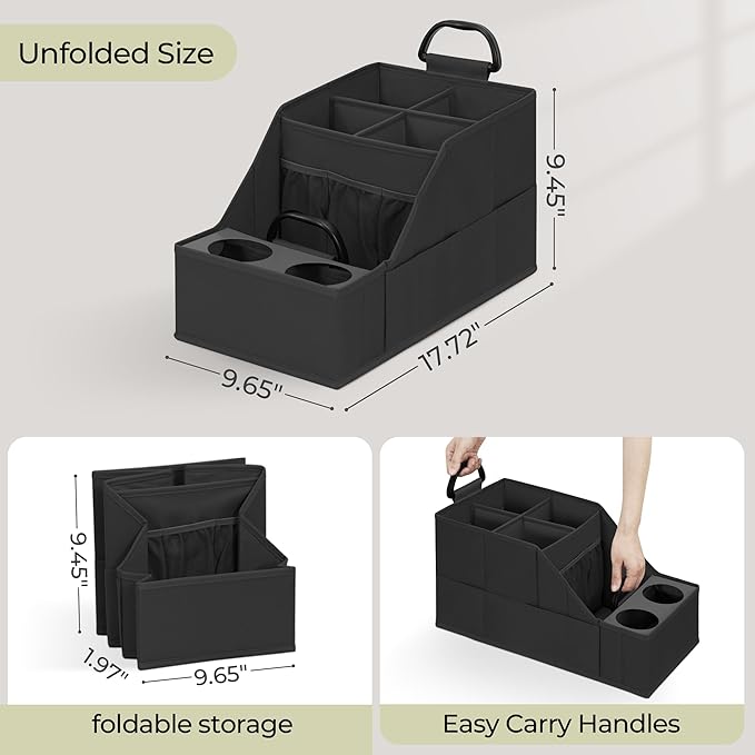 Car Seat Organizer Backseat Front Seat, Car Organizer With 12 Storage Compartments 2 Cup Holders, Snack Storage For Kids Baby, SUV Truck Van Collapsible Storage Bag For Travel, BK, 2PK