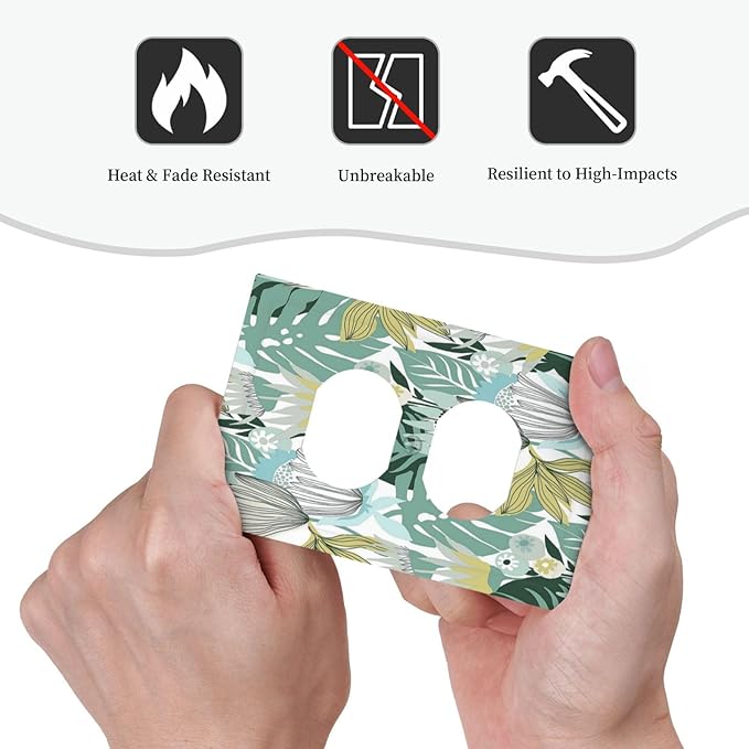 Retro Tropical Leaves 1 Gang Wall Plate Single Duplex Outlet Cover Receptacle Decorative Light Switch Cover Plate Electrical Faceplate Socket for Bedroom Bathroom Kitchen Decor