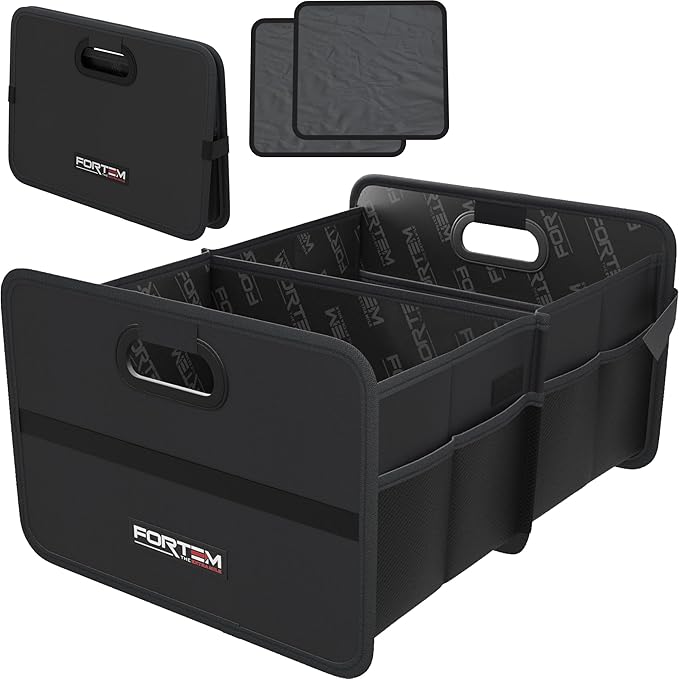 FORTEM Car Trunk Organizer, Collapsible Two Compartment Organizer, Foldable SUV & Truck Storage for Car Accessories for Women Men, Non Slip Bottom, Sturdy Side Walls, Strong Handles, 60L
