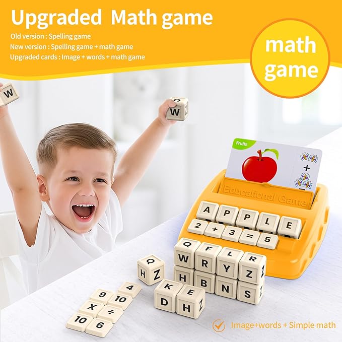 DEGIDEGI Educational Toys for Kids Ages 3-8, Matching Letter Spelling Game ABC Math Learning, Xmas Birthday Party Gifts for 3 4 5 6 7 8 Year Olds Boys and Girls Yellow