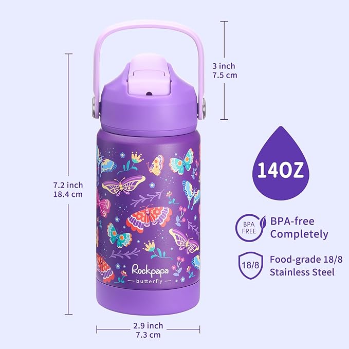 rockpapa 14 oz Kids Insulated Water Bottle，Stainless Steel Toddler Cups with Straws, BPA Free, Leak-Proof, Kids Water Bottle for School Boys& Girls (Purple Butterfly)