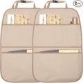 Kick Mat Back Seat Protector Waterproof Leather Car Seat Back Organizers Cover with 3 Storage Pockets for Kids Pets SUV Sedan Minivan Truck Car Travel Accessories (Beige 2-Pack)