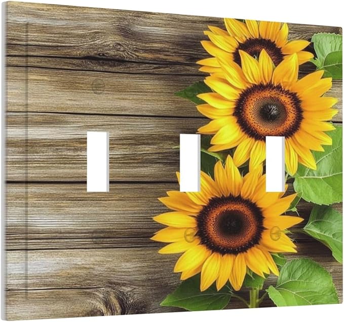 Decorative Switch Plates Sunflowers Rustic Wood 3 Gang Wall Plate Triple Toggle Light Switch Cover Faceplate Electrical Wall Panels For Farmhouse Cabin Decor