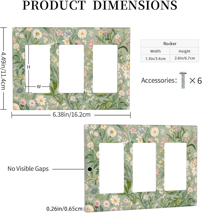 Decorative Light Switch Plate with Vintage Wildflowers & Daisies on Light Green Background Design 3 Gang Outlet Covers Triple Rocker Wall Plate Switch Plate Cover
