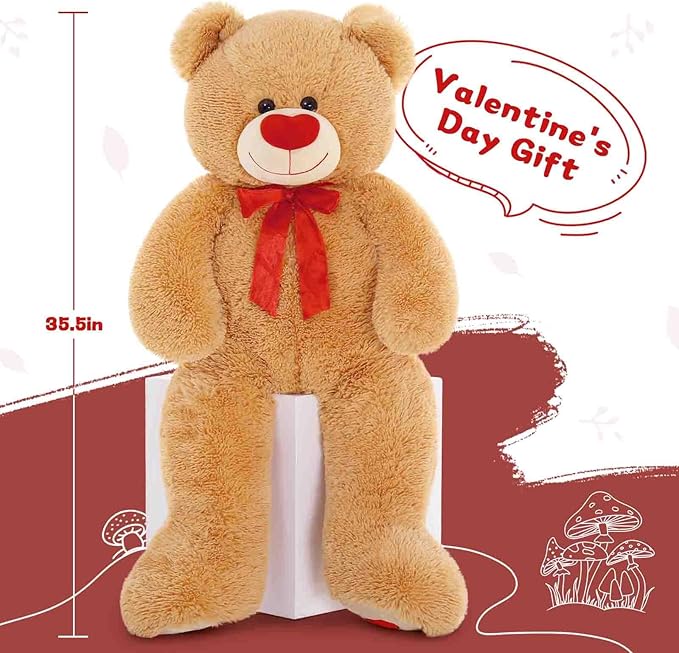 MorisMos Love Heart Giant Teddy Bear, 36 Inch Big Love Bears with Bow Tie, Large Valentines Stuffed Animals for Girlfriend, Boyfriend, Brown