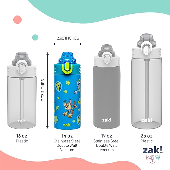Zak Designs PAW Patrol Sage Kids Water Bottle For School or Travel, 14oz Stainless Steel Water Bottle With Straw, Handle, and Leak-Proof Spout Cover (Chase, Marshall, Skye, Rubble, Rocky, Zuma) | Sage, Kids, For School or Travel, Handle