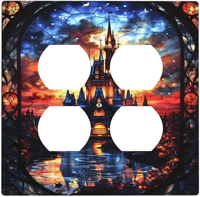 Medieval Fantasy Castle Magic Academy Outlet Covers 2 Gang Double Duplex Decorative Light Switch Covers Electrical Wallplates Socket Faceplate for Kids Room Bedroom Decor