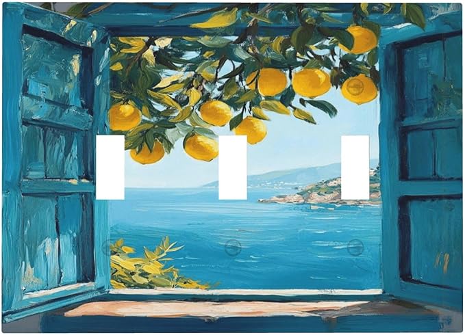 Window View Coastal Lemon Tree Mediterranean Landscape Decorative Switch Plates 3 Gang Wall Plate Triple Toggle Light Switch Cover Faceplate Electrical Wall Panels for Bedroom Living Room Decor