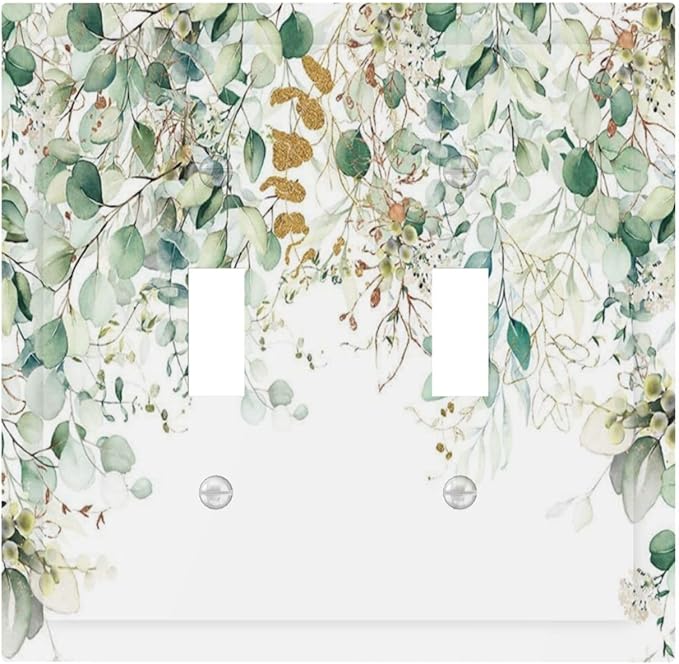 Gold Green Eucalyptus Leaves Plants Flowers Floral Decorative Switch Plates 2 Gang Double Toggle Outlet Light Switch Cover Wall Plate Electrical Faceplate for Bedroom Living Room Decor