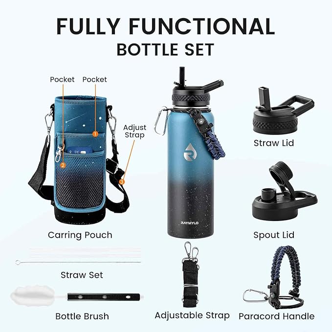 RAYMYLO Insulated Water Bottle 40 oz, Triple Wall Vacuum Stainless Steel (Cold for 36Hrs, Hot for 18Hrs), Leak Proof & Non-BPA, Modern Water Flask Jug with Paracord Handle & Straw Spout Lids