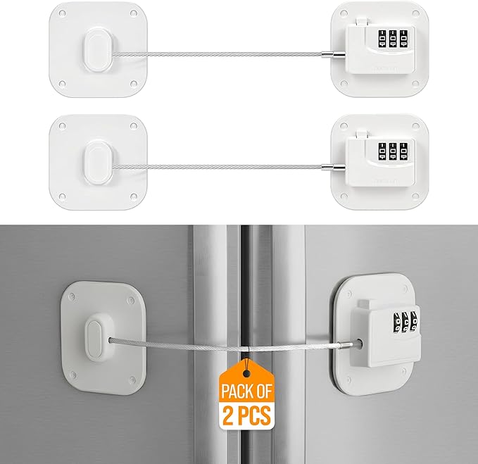 Fridge Lock,2 PCS Refrigerator Lock for Freezer,Cabinets and Drawers,Air Fryer,Doors,Combination Code,Heavy Duty with Adhesive Backing,Easy Install,No Keys Needed White
