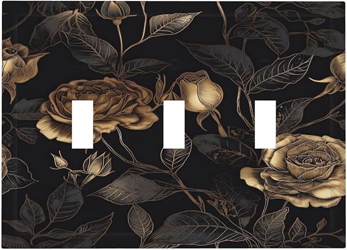 Black Floral Dark Vintage Gold Rose Flower Decorative Switch Plates 3 Gang Wall Plate Triple Toggle Light Switch Cover Faceplate Electrical Wall Panels for Bedroom Living Room Decor