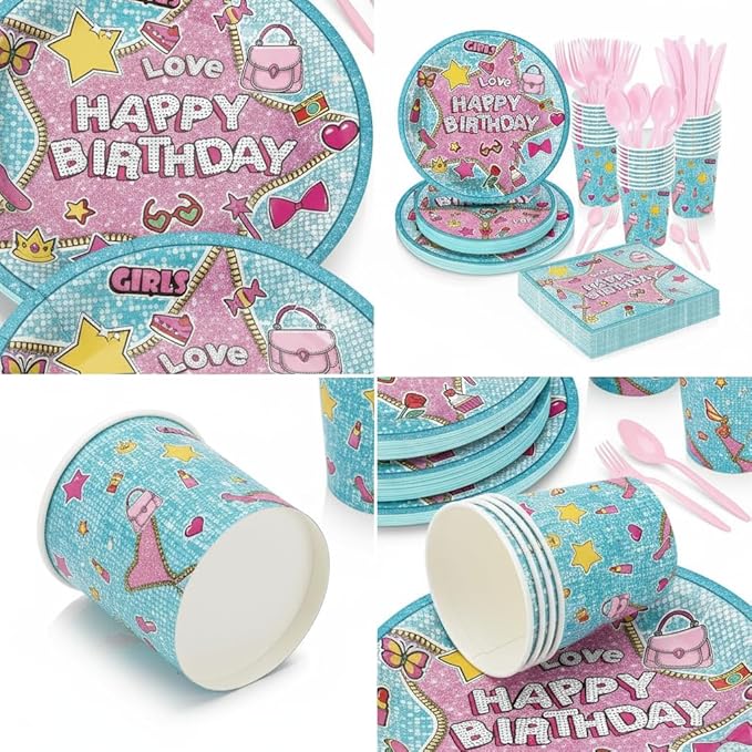 Surprise Theme Party Supplies for kids Doll Themed Birthday Party,Blue & Pink Cartoon Doll Birthday Decorations Disposable Tableware Set With Plates, Cups, Napkins & Cutlery for 24 Guests