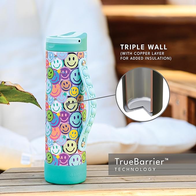 Elemental Iconic Kids Water Bottle for School - 100% Leak-Proof Insulated Water Bottles with Straw Lid & Pop-It Handle for Boys & Girls - Triple-Wall Insulated & BPA-Free, 20oz – Graffiti Smile