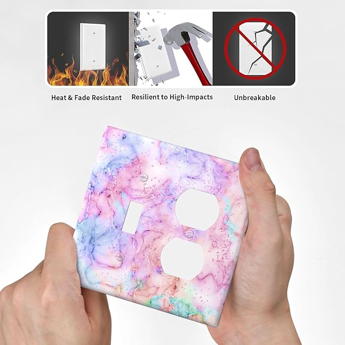Light Switch Cover Pink Purple Gold Abstract Marble Texture 2 Gang Outlet Cover 1 Toggle Duplex Decorative Switchplate Wall Plate Electrical Receptacle Art Faceplate for Bedroom Bathroom Decor